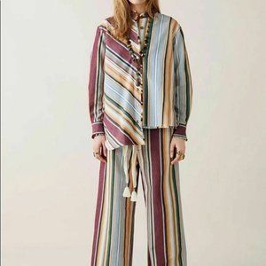 Zara 2019 Collection Linen Blend Shirt Size M Striped Asymmetric Hem Button-Up